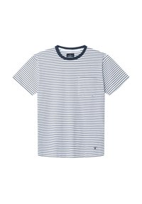 Camiseta de algodón con rayas horizontales navy y blancas, cuello redondo, bolsillo en el lado izquierdo del pecho y logo en la parte inferior derecha.