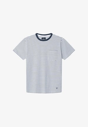 Baumwoll-T-Shirt mit navy- und weißen horizontalen Streifen, rundem Ausschnitt, linker Brusttasche und Logo auf der unteren rechten Seite.