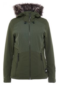 Veste d'hiver verte avec capuche doublée de fourrure, fermeture éclair à l'avant, deux poches zippées et cordons de serrage réglables à la capuche.