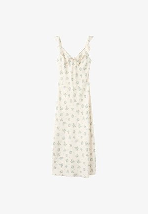 Mouwloze jurk in crèmekleur met kleine blauwe bloemenprint, gerimpelde schouderbandjes en een strikdetail aan de voorkant van de halslijn.