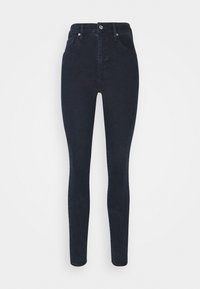 Jeans de tiro alto ajustados de color azul oscuro en mezcla de algodón, con cinco bolsillos, pasadores para cinturón y un solo botón de metal para el cierre. Textura suave.