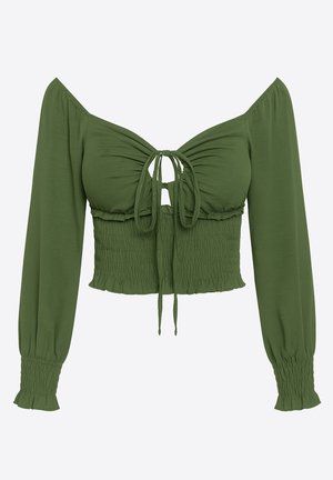 Grüne, kurz geschnittene Bluse mit schulterfreiem Design, langen Ärmeln, vorderer Schnürung und gerafftem Bund für eine figurbetonte Passform. Glatte Textur.