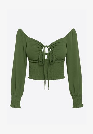 Grüne, kurz geschnittene Bluse mit schulterfreiem Design, langen Ärmeln, vorderer Schnürung und gerafftem Bund für eine figurbetonte Passform. Glatte Textur.