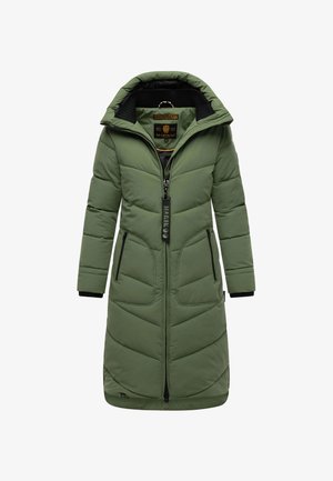 Lunga cappotto invernale imbottito verde oliva con cappuccio, zip nera, tasche laterali e branding Marikoo sul tirazip.