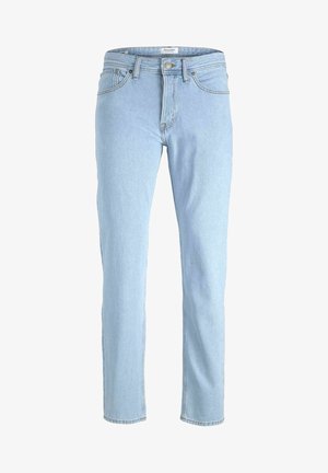 Jeans in denim azzurro con un design a gamba dritta, cinque tasche, passanti per cintura e chiusura con zip anteriore. Texture morbida con dettagli minimi.