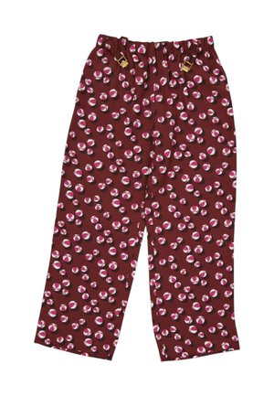 Pantalones anchos granate con cintura elástica, detalles de hebilla dorada y un patrón repetitivo de pequeñas pelotas de playa rosas y blancas.