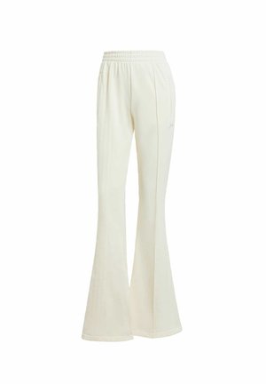 Biele rozšírené nohavice vyrobené z jemného materiálu, s elastickým pásom a vertikálnym šitím po stranách.