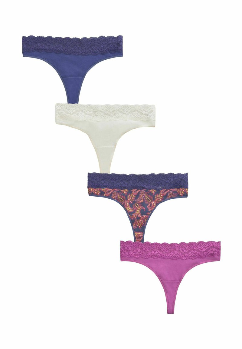 Set van vier slips in verschillende kleuren: marineblauw, wit met kantafwerking, een gestreepte navy en bordeauxrood, en levendig paars, allemaal met kantdetails.