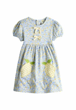 Kortærmet babykjole med blågult blomstermønster, to gule gingham-citronapplikationer med grønne blade og to cremefarvede sløjfer på brystet.