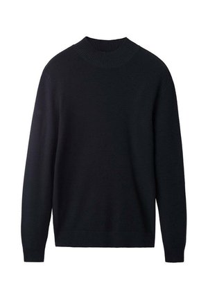 Jersey de punto negro con cuello redondo alto, mangas largas, puños y dobladillo acanalados, que presenta un patrón de tejido texturizado.