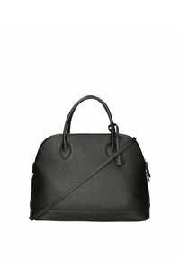 Czarna skórzana torebka o fakturowanym wykończeniu, z dwoma solidnymi uchwytami u góry oraz odpinanym paskiem na ramię. Zamek błyskawiczny i minimalne akcenty.