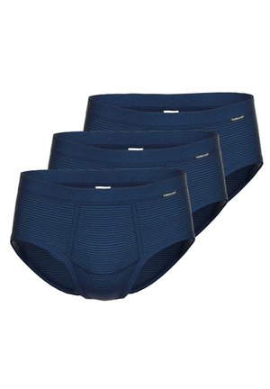 Bóxer para hombre en azul marino, hecho de un tejido texturizado con rayas horizontales, que presenta una cinturilla gruesa y un sutil logo en la parte frontal.
