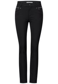 Černé slim-fit kalhoty vyrobené z hladké tkaniny s kapsami na zip, zapínáním na knoflík a poutky na pásek. Možno prát v pračce.