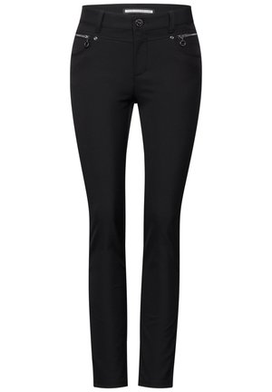 Zwarte slim-fit broeken van gladde stof met ritszakken, knoopsluiting en ceintuurlussen. Wasmachinebestendig.