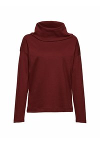 Burgundy pitkähihaisuus paita, jossa on kauluskupu, löysä istuvuus ja pehmeä textura. Yksinkertainen muotoilu; ei kuvioita tai koristeita.