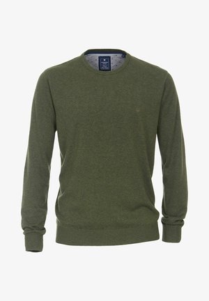 Suéter de hombre de cuello redondo en verde oliva, con mangas largas, puños y dobladillo acanalados, con un pequeño logo en el pecho izquierdo.