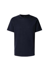 Mørkeblå kortærmet T-shirt lavet af bomuld. Har en rund halsudskæring og afslappet pasform. Glat tekstur med ensfarvet design uden mønstre.