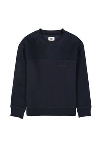 Sudadera azul marina con textura suave en la parte superior, puños acanalados y cuello redondo. Incluye un sutil logotipo en el frente.