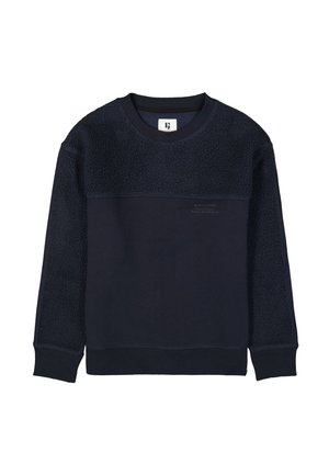 Marine sweatshirt met een fuzzy textuur op het bovenlichaam, geribbelde manchetten en een ronde hals. Inclusief subtiele branding aan de voorkant.