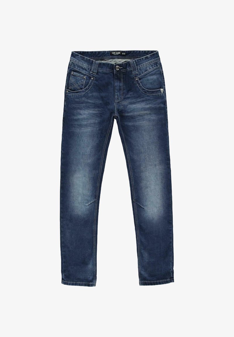 Donkerblauwe denim jeans met lichte vervaging, vijf zakken ontwerp, knoopsluiting en gestikte details op de voor- en achterzakken.