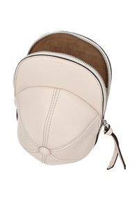 Krém bőrből készült tok varrási részletekkel és kerek formával. Cipzáras záródással és puha barna bélés belsővel rendelkezik.
