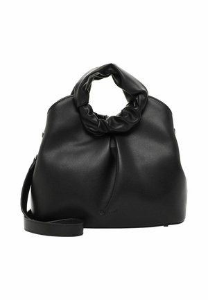 Sac à main en cuir noir avec des poignées rondes douces et froncées et une bandoulière détachable sur fond blanc.