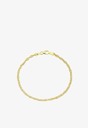 Złota bransoletka łańcuchowa z plecionym wzorem. Posiada zapięcie typu karabińczyk i gładką teksturę, o grubości około 2-3 mm.