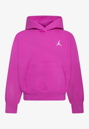 Lyserød hættetrøje med frontlomme og hvid Jumpman-logo på brystet, vist på ensfarvet baggrund.