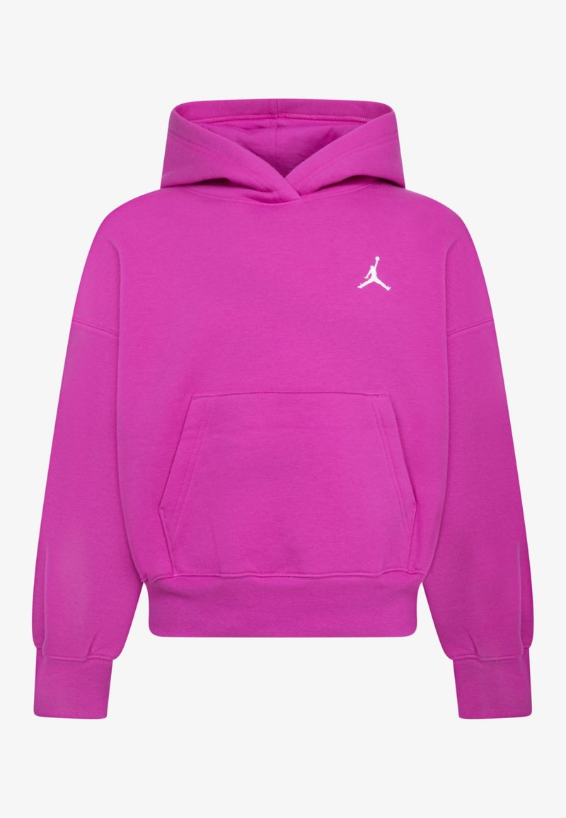 Sweat à capuche rose vif avec poche avant et logo blanc Jumpman sur la poitrine, présenté sur un fond uni.