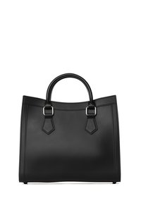 Zwarte leren tote bag met ronde handvatten, zilveren hardware accenten en een gestructureerde rechthoekige vorm. Soepele textuur met minimale detailing.