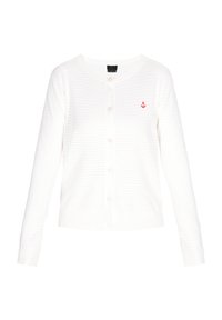 Cardigan bianco lavorato a maglia con scollatura rotonda, chiusura con bottoni e ricamo di un'ancora rossa sul lato sinistro del petto. Tessuto leggero e testurizzato.