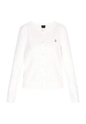 Cardigan alb croit cu un gât rotund, închidere cu nasturi și broderie cu ancoră roșie pe pieptul stâng. Material ușor, cu textur ă.