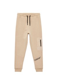 Beige Sweatpants mit einem Kordelzugbund, elastischen Bündchen, einer seitlichen Tasche mit Reißverschluss und schwarzen Textdetails entlang des Beins. Weiche Textur.