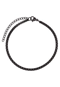 Collana in catena nera in metallo caratterizzata da anelli intrecciati, chiusura a granchio e una catena di estensione regolabile per variare la lunghezza.
