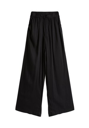 Pantaloni negri cu croi larg, cu talie elastică, confecționați dintr-un material neted și ușor, având un design lejer și fluid.