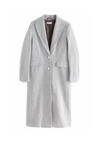 Manteau en mélange de laine gris clair avec des manches longues, des revers à enfiler, deux poches avant et une fermeture à deux boutons. Texture douce, design mi-long.