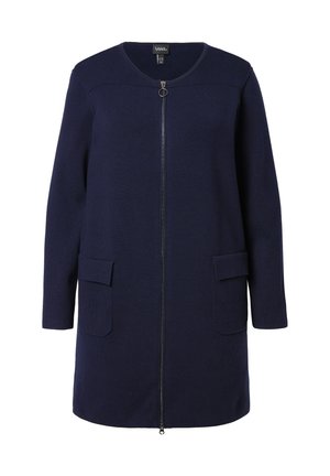 Navy blue long cardigan with full front zipper, round neckline, long sleeves, and two front flap pockets.