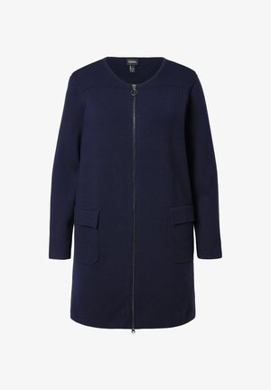 Laine de mer bleue longue avec fermeture éclair sur toute la longueur, encolure ronde, manches longues et deux poches plaquées à l'avant.