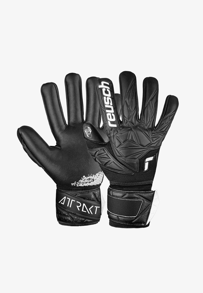 Schwarze Torwarthandschuhe mit einer strukturierten Griffoberfläche, verstellbarem Handgelenkband und geometrischen Mustern auf der Handrückseite. "Reusch" Branding vorhanden.