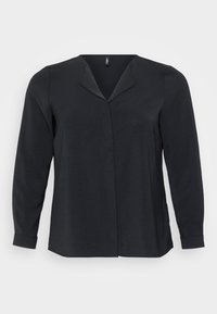 Mustapituinen pitkähiha blouse V-pääntiellä, pehmeästi teksturoitu kangas ja suora leikkaus. Sisältää hienovaraisia ompelutietoja ja nappikiinnityksellä varustetut hihat.