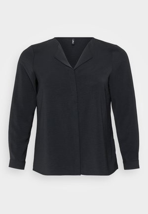 Black long-sleeve blouse with a V-neckline, soft textured fabric, and straight cut. Features subtle stitching detail and buttoned cuffs.