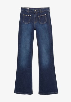 Dark blue denim jeans with wide legs, front pockets decorated with silver studs, and a button and zipper closure.