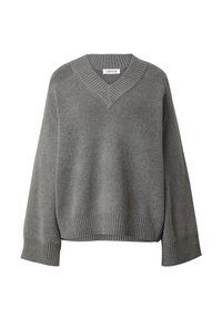 Grauer, übergroßer Pullover aus weichem Strick. Mit V-Ausschnitt, gerippten Bündchen und Saum. Glatte Textur mit lässiger Passform.