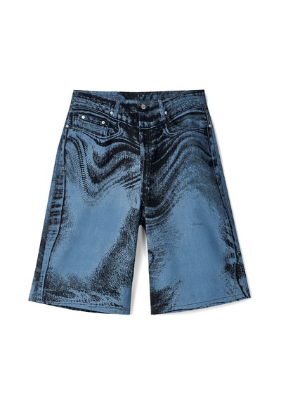 Denim shorts featuring a blue and black abstract pattern, with a classic five-pocket design and silver hardware accents.