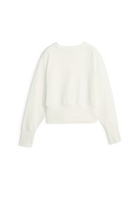 Felpa corta in morbido tessuto bianco, con scollo rotondo, maniche lunghe a raglan e polsini e orlo a costine.