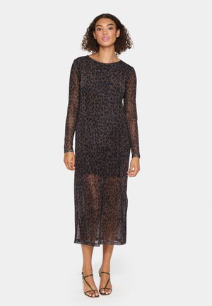 Sheer black dress with a leopard print, long sleeves, round neckline, and mid-calf length. Subtle texture and lightweight fabric.