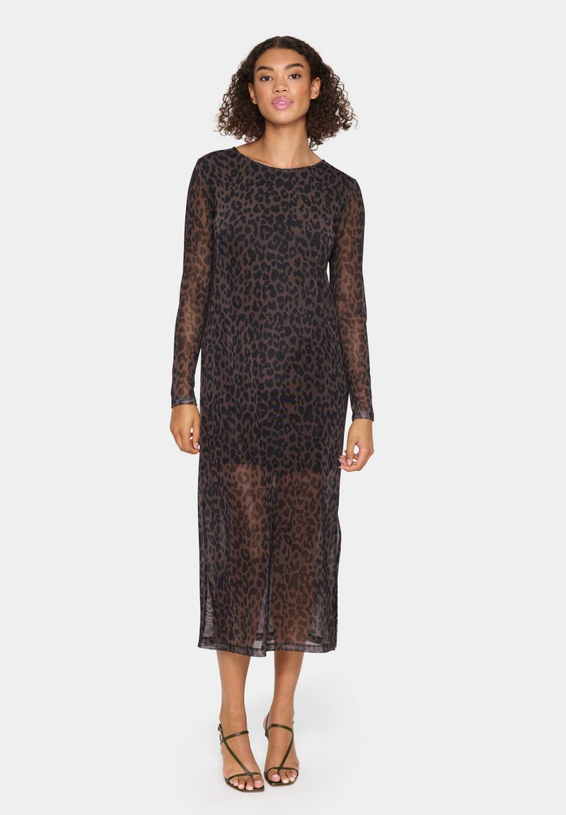 Sheer black dress with a leopard print, long sleeves, round neckline, and mid-calf length. Subtle texture and lightweight fabric.