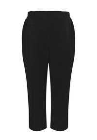 Pantalon noir avec une taille élastique, longueur cropped et deux poches arrière. Tissu doux et lisse avec un design épuré sans fermetures visibles.