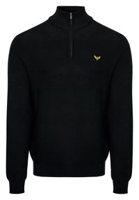 Maglione nero lavorato a maglia con colletto alto, chiusura a mezza zip, tessuto testurizzato e un emblema dorato sul petto.