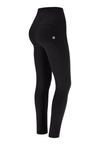 Leggings noirs taille haute avec poches arrière et petit logo sur la poche droite, vus de dos et de profil.